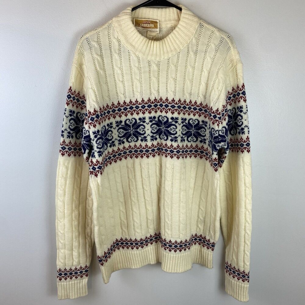 Jantzen Vintage Mens Cream Cable Knit Crewneck Sweater Size X Large Made In USA